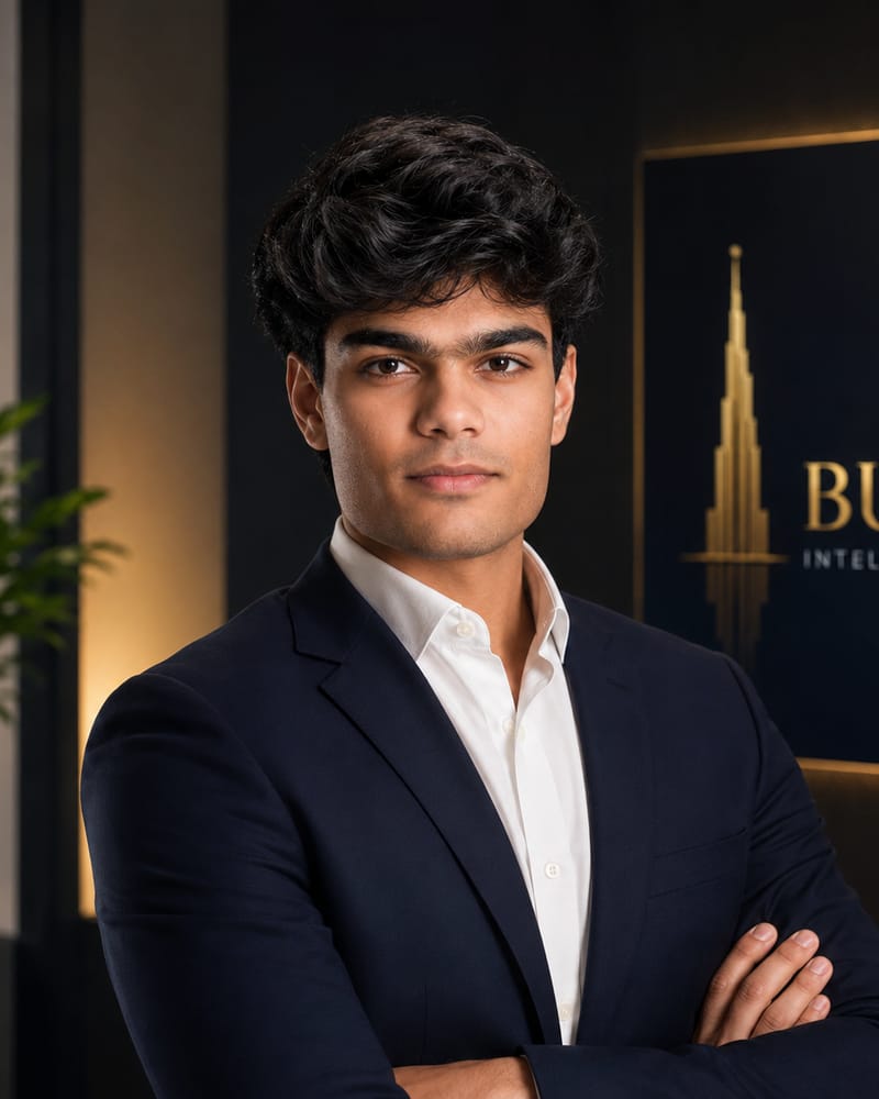 Sohum Goswami, founder of Burj Intelligence, in a navy suit in front of the gold Burj Intelligence mark.